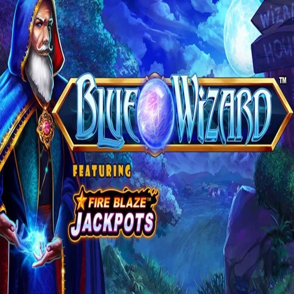 Blue Wizard Fire Blaze Jackpots slot logo by Rarestone Gaming at Billybets Casino